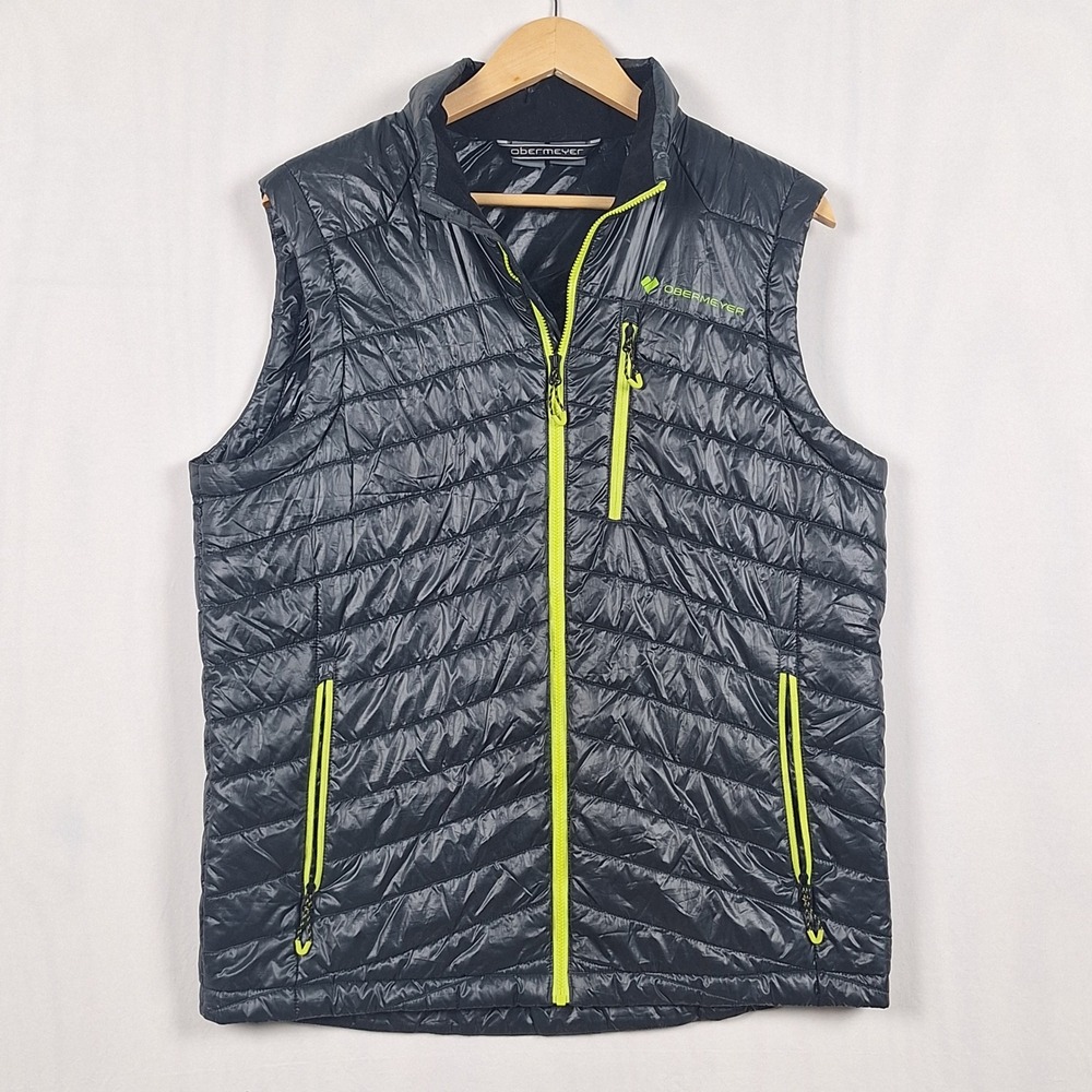 Obermeyer Puffer Vest Quilted Full Zip Ski Hike Gray Neon Yellow Mens Size M